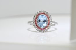 Aquamarine, Pink Sapphire & Diamond Ring