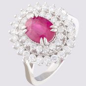 14K White Gold Cluster Ring 1.90 ct Natural Rubby - 1.00 ct Diamond