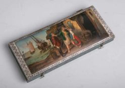 Grüne Holzdeckeldose (wohl 19./20. Jahrhundert), Deckel handbemalt mit Szene am Hafen,<