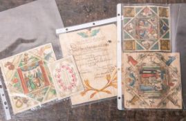 Fünf historische Patenbriefe/Taufzettel, von 1777, 1804, 1822, 1822, sowie 1777, in<