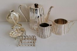 A three-piece silver plated coffee service, toast rack, oval bon-bon dish and a Christofle vase '