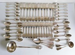 A Victorian London silver fiddle-pattern service in the Hanoverian style, crested, comprising: a