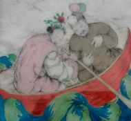 Elyse Ashe Lord RI (1900-1971) FIGURES IN BOAT, drypoint etching with woodblock colouring, framed