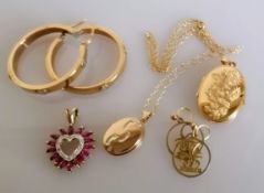 Two pairs of earrings, two lockets, one with chain, engraved and a garnet pendant, all hallmarked or
