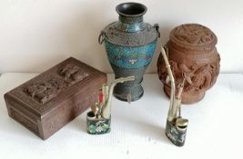 An early 20th century carved Chinese wooden cigarette box, 19 cm W; a tobacco jar, both with