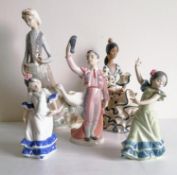 A group of five Lladro figurines to include a flamenco dancer, blue printed mark, 2170, 25.5cm; girl