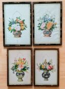 Two pairs of Oriental 19th century watercolour still lives of flowers in baskets on paper, framed,