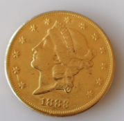 A USA liberty head, double eagle twenty dollar gold coin, 1883, S mint, 33.44g