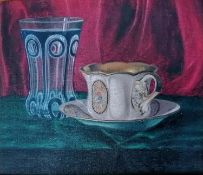 Vilmos Gerritsen (Hungarian, 1875?1920), STILL LIFE, BOHEMIAN PORCELAIN and GLASS, in an ornate gilt