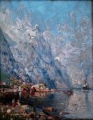 Indistinctly signed, Hungarian impressionist mountain/lake scene, oil on board, 12 x 9 cm in an