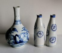 A 19th century white-ground Oriental bottle vase with allegorical scene in cobalt blue, double