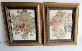 Two framed and glazed floral embroidery panels, possible 17th century, each 24 x 19 cm