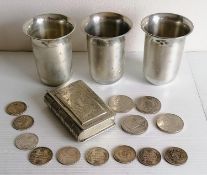 Three Indian silver beakers or julep cups with etched decoration, each stamped T.100 to base, 9.5 cm