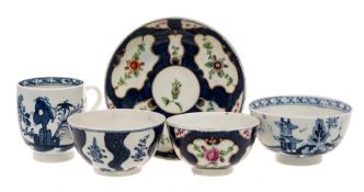 Three pieces of Lowestoft blue and white porcelain and a First Period Worcester teabowl and saucer: