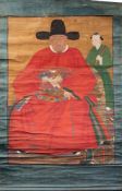A large Chinese ancestral portrait: depicting a seated scholar wearing a red robe with stalk