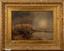 John Callow [1822-1878]- A coastal town, possibly Hastings, fishing boats in the foreground,