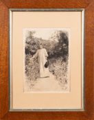 Hubert Von Herkomer [1849-1914]- Summer; a young woman on a garden path,:- etching,