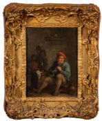 Dutch School 19th Century- Tavern interior, young man with clay pipe,:- oil on panel, 20.5 x 15cm.