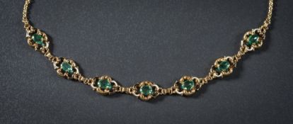 An enamelled and green tourmaline mounted necklace: with openwork links each inset with a single