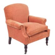 A George Smith 'Dahl' armchair:, fully upholstered in rust patterned fabric with loose cushion seat,