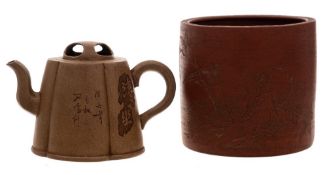 A Chinese Yixing teapot and bitong: the former of buff colour and of tapering lobed form with