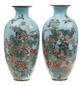 A pair of Japanese cloisonne vases: of ovoid form,