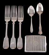 A set of three Victorian Scottish silver fiddle pattern table forks, maker John Murray & John Muir,