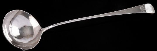 A George III Old English pattern soup ladle, maker Richard Redrick, London, 1771 : crested,