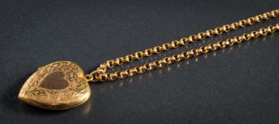 A 9ct gold heart-shaped pendant locket: on belcher-link chain stamped '9c', approximately 9.