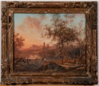 Follower of Claude Lorrain, 18th Century - A landscape on the continent with figures,