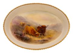 A Royal Worcester porcelain pin tray: of oval form the interior painted by John Stinton with