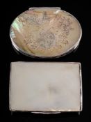 A silver and mother of pearl oblong box, unmarked: with cushioned sides, 7.