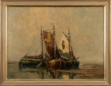 Dutch School 20th Century - Fishing boats on a sand bank..:-, signed, oil on canvas, 59 x 79cm.