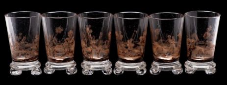 A set of six Lobmeyr Schwarzlot enamelled tot/liqueur glasses: each decorated in black with figures