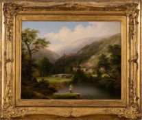 John Wallace Tucker [1808-1869]- Clifford Bridge on The River Teign, a fisherman in the foreground,