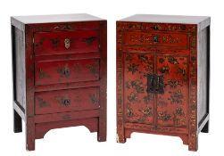 Two Chinese red and black lacquer pedestal cabinets:,