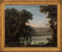 Manner of Francesco Zuccarelli [18th Century]- View to a clearing by a lake,:- a ferry boat,