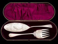 A pair of silver plated fish servers: with engraved leaping salmon decoration, cased.