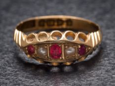 An 18ct gold, ruby doublet and seed pearl five-stone ring: Chester assay marks to shank,