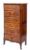 A French satinwood banded and inlaid upright document chest:, with a breche d'e alep marble top,