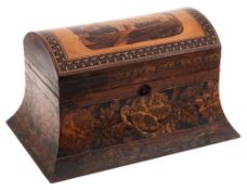 A Tunbridgeware tea caddy: of rectangular outline,