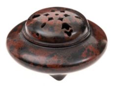 A Japanese bronze koro and cover: of squat circular outline, with pierced domed lift-off cover,