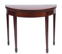 A George III mahogany and inlaid half round card table:,