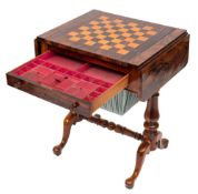 A Victorian rosewood games and work table:, the hinged top with rounded corners,