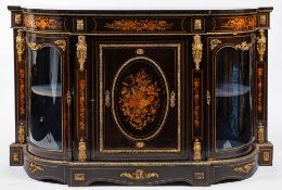 A Victorian ebonised floral marquetry and gilt metal mounted credenza:, of D shaped outline,