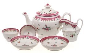 A New Hall part tea service: decorated with floral sprays and sprigs within magenta scale borders,