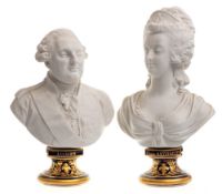A pair of bisque porcelain busts: of Louis XVI and Marie Antoinette modelled in the white set on