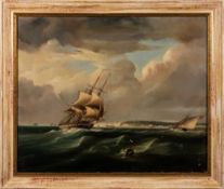 Circle of Joseph Walter [1783-1856]- British frigates, a cutter and coastal vessels off a coastline,