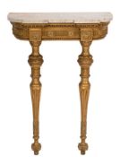 A late 19th Century French carved giltwood console table: of small size and D-shaped breakfront
