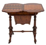 A Victorian burr walnut and inlaid games and work table:,